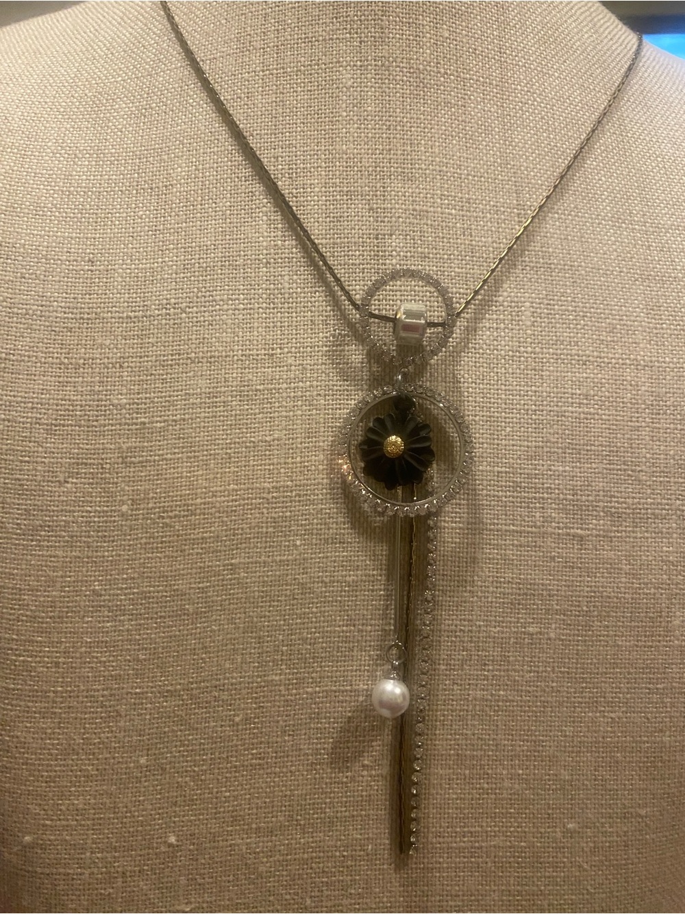 Source Unknown Silver Necklace with Black Flower and Pearl Drop